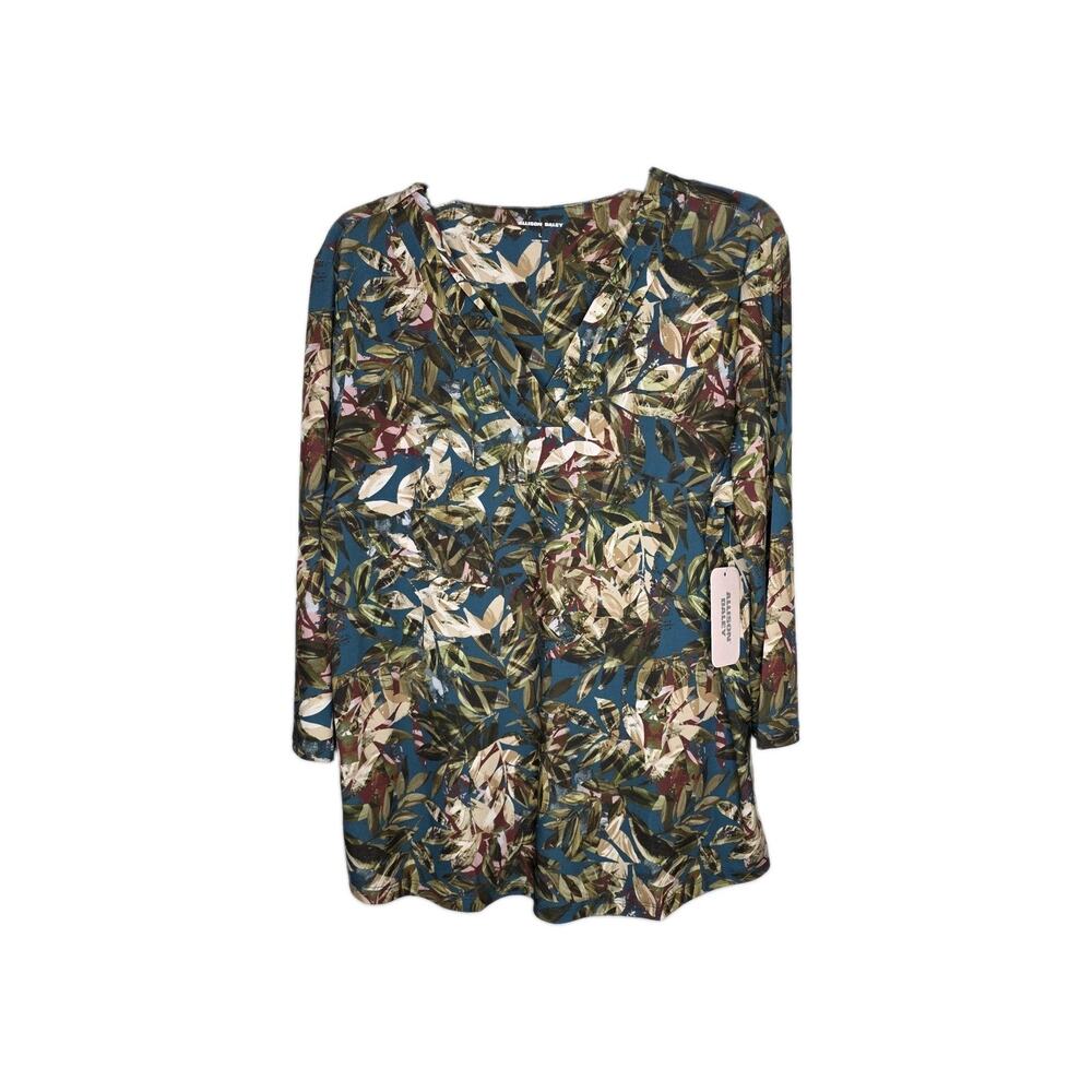 Allison Daley Womens SZ L Multicolor Green Floral Leaves Tunic Top 3/4 Sleeve V